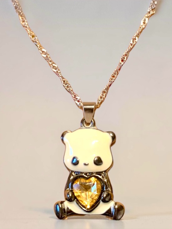 Gnoce Jewelry - Cream Enamel Panda Pendant Necklace with Gold Heart Crystal